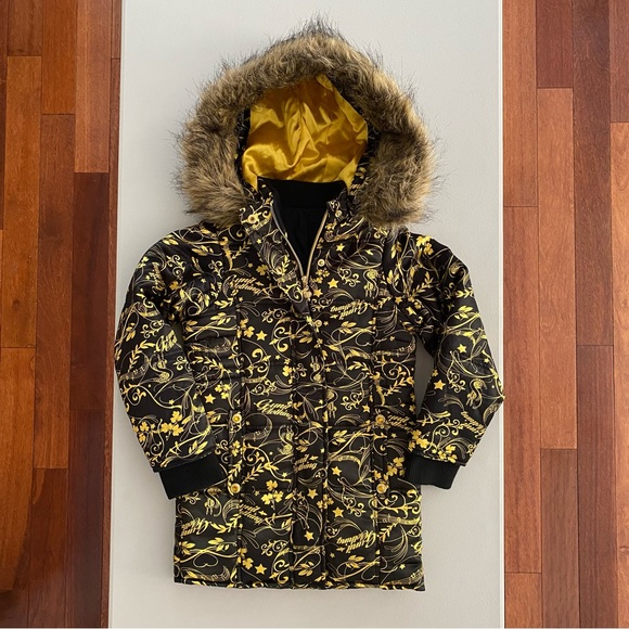 G-Unit Faux Fur Trim Hood Long Sleeves Gold & Black Puffer Jacket Girl’s Size XS - Picture 14 of 16